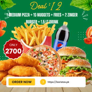 Deal 12 – Medium Pizza, 10 Nuggets, 2 Zinger Burgers, Fries & 1.5L Drink Combo 🍕🍗🍔🥤