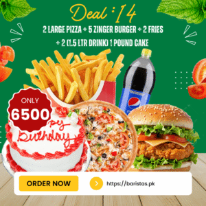 Deal 14 – Birthday Bash Combo 🎉 | 2 Large Pizzas, 5 Zinger Burgers, 2 Fries, 2(1.5 LTR Drinks) & 1 Pound Cake 🍕🍔🍟🥤🎂