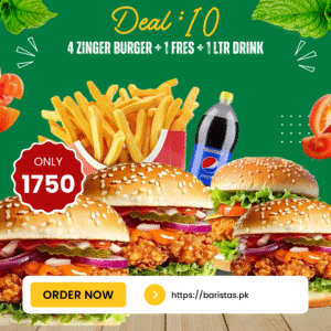Deal 10 – 4 Zinger Burgers, Fries & 1L Drink Combo 🍔🍟🥤